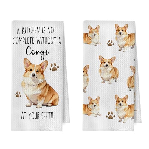 Corgi Gifts Kitchen Towels Set - Funny Corgi Gift Decorative Waffle Weave Dish Towels, Dog Lover Gifts Hand Towel, Dog Gift Tea Towel, 16×24 Inches, Set of 2 - color: Corgi
