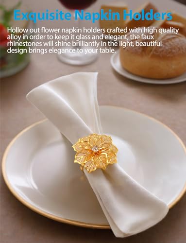 Flower Napkin Rings Holders, Clear Rhinestone, 12 Pack | Dinner Party, Wedding, Christmas, Gathering