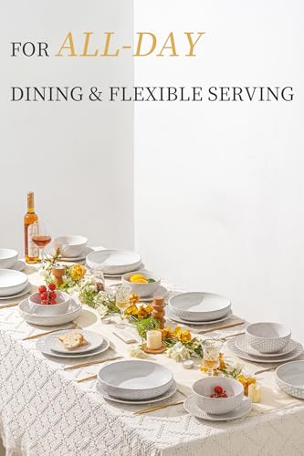 FOBENTA 24-Piece Ceramic Dinnerware Set,Large Plates and Bowls Set for 6,Elegant Dish Set for Families & Entertaining–Microwave & Dishwasher Safe Tableware (Double Bowl) - size: Service for 6-24Pcs (Double Bowl)