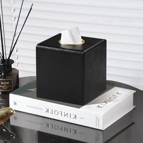 Square Tissue Box Cover with Magnetic Closure, Black | Luxury PU Leather Tissue Holder with Gold Tone Metal Opening, Fits All Standard Cube Tissue Boxes - color: Black
