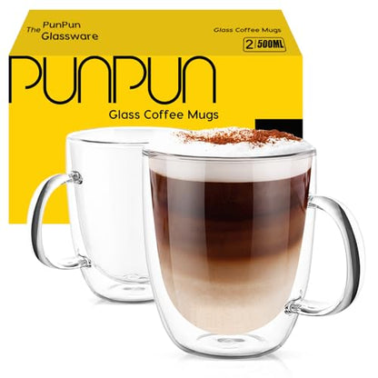 PunPun 17oz.500ml Large Coffee Mug,Double Walled Clear Mugs,Coffee Glass Cup, Heat Resistant Borosilicate Clear Glasses,Premium Glasses, Set of 2 - color: 500ml / set of 2