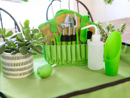 14-Piece Indoor Gardening Tool Set, Stainless Steel Mini Garden Tools with Waterproof Tarp Mat & Tote Bag for Succulents, Potting, Transplanting & Plant Care