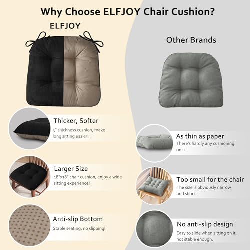 ELFJOY Dining Chair Cushions Set of 2 Non Slip 18"X18"X3" Black | Thick,Textured Fabric, with Ties, Tufted, Large, for Kitchen, Dining Room, Indoor, Bedroom, Living Room, Office, Comfortable - color: Black