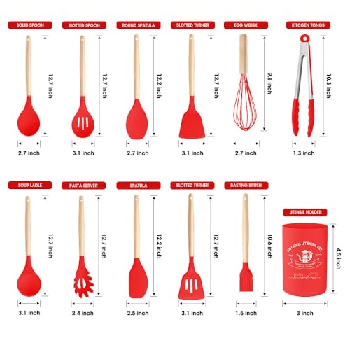 Kitchen Utensils Set Silicone Kitchen Utensils Set with Wooden Handle Utensils for Cooking Heat Resistant Silicone Non-Stick Cookware BPA FREE (Red) - color: Red