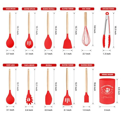 Kitchen Utensils Set Silicone Kitchen Utensils Set with Wooden Handle Utensils for Cooking Heat Resistant Silicone Non-Stick Cookware BPA FREE (Red) - color: Red