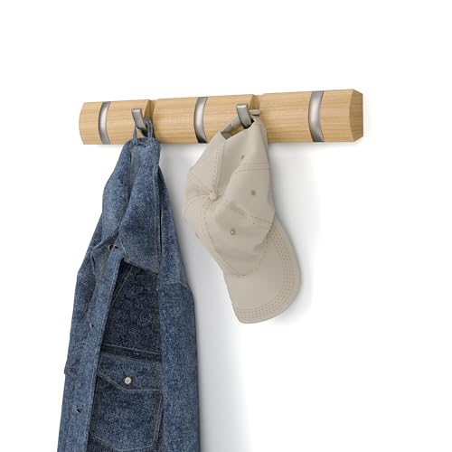 Umbra Flip 5 Wall Mounted Hook | Real wood and steel build, retractable hooks fold flat, holds coats bags and scarves, easy install - color: Natural, size: 5-Hook