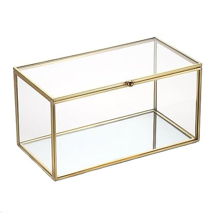 Hipiwe Gold Glass Decorative Boxes Rectangular Keepsake Shadow Box with Lid | Mini Garden Jewelry Display Case Vanity Lidded Boxes for Wedding Cards, Trinkets, Photos & Perfume - 8.3"x4.3"x4.3"