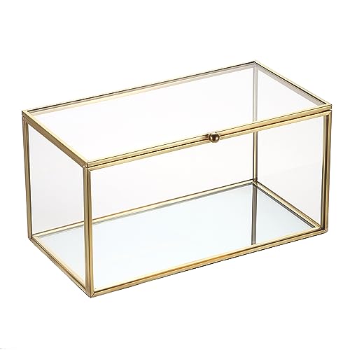 Hipiwe Gold Glass Decorative Boxes Rectangular Keepsake Shadow Box with Lid | Mini Garden Jewelry Display Case Vanity Lidded Boxes for Wedding Cards, Trinkets, Photos & Perfume - 8.3"x4.3"x4.3"