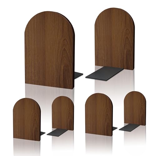 Brosisincorp Walnut Wood Large Book Ends for Shelves, Non-Skid Pad, 3 Pairs | 6.69"Hx4.72"Wx3.94"L, Heavy Duty Wooden Bookend with Steel Base for Vinyl Records Office Home Decorative, Hand Polished Edges - color: 3 Pairs-round