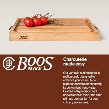 John Boos Handle Boards Series Rectangular Wooden Maple Cutting Board 24”x18” – 2.25” Thick, 30-lb Reversible Butcher Block with Juice Groove, Edge-Grain & Metal Handles - color: Dark Maple, size: 24"L x 18"W
