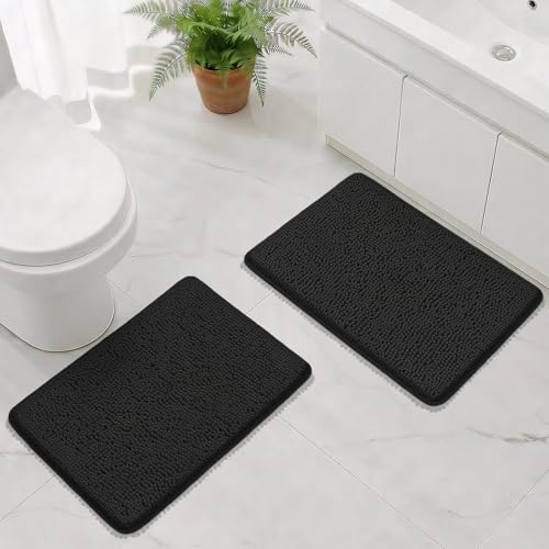 Bcoimo Bath Rug Mat Set,2 Piece Thick Absorbent Chenille Bathroom Mat Black | Non Slip with Rubber Backing 24x17 Bathroom Rug set; Machine Washable;Extra Soft Rugs;High Absorbent、Quick Dry Microfiber mat - color: Black, size: 24×17 Plus 24×17