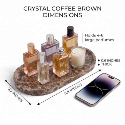 YKAJO Crystal Coffee Brown Oval Marble Tray, 11.8x5.9 Perfume Organizer | Honed natural stone; jewelry & trinket dish, ring & key holder, soap & candle catchall; bath counter, dresser, coffee table - color: Crystal Coffee Brown, size: 11.8" x 5.9" x 0.6"
