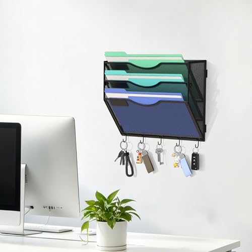 Gawerk Hanging Wall File Organizer, 3 Tier | 5 Hooks, Wall Mounted, Sturdy Mesh, For Office Home - size: 3 Tier