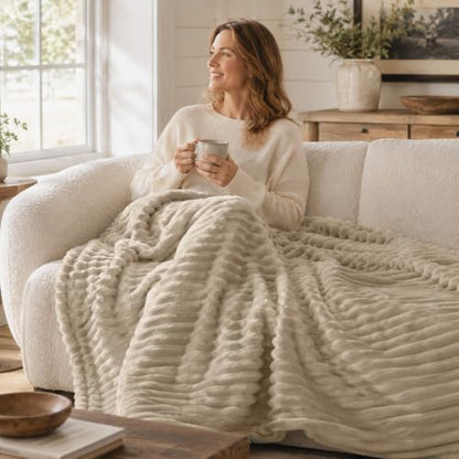 Nookly Linen Twin Size Fleece Blanket, Soft Lightweight Ribbed Plush Bed Blanket, Cozy All-Season Striped Fleece Twin Throw for Bedroom and Home, 60x80 Inches - color: Linen, size: Twin(60"x80")