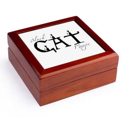 3dRose Funny black cats sit on letters. Black Cat Magic decorative text Jewelry Box 7 x 7 inch with 4 inch tile