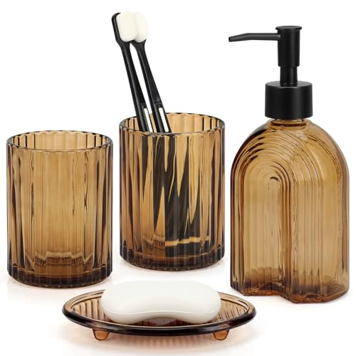 Bathroom Accessories Set, 4Pcs Glass Bathroom Accessories Set Complete Lotion Soap Dispenser, Toothbrush Holder, Mouthwash Cup, Soap Dish for Bathroom Decor, Countertop Organizer (Amber A) - color: Amber Thin Rainbow
