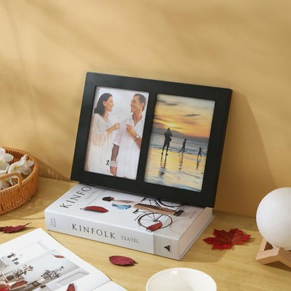 5x7 2-Opening Collage Frame Black Wood | Two 5x7 openings, shatter-resistant glass, tabletop & wall mount - size: 5x7 - 2 Opening