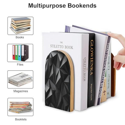 Personalized Black Geometric Book Ends for Shelves, Large Heavy Duty Wooden Bookends with Non-Skid Metal Base Book Holder Decorative Book Stopper for Home Office Supplies 1 Pair