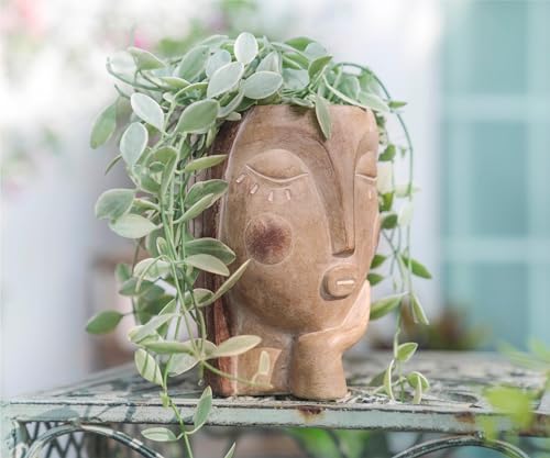 Saysmile Head Planters for Indoor Plants, Face Flower Pot Head Planter Succulent Planters Unique Face Planter with Drainage Hole - Rustic Thinking Girl Closed Eyes - color: Thinking - Rustic