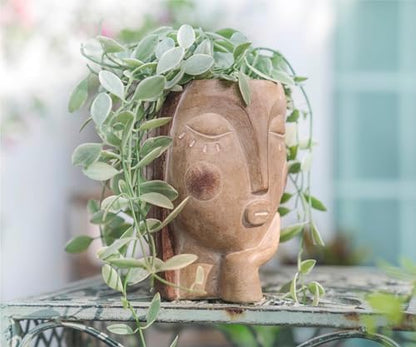 Saysmile Head Planters for Indoor Plants, Face Flower Pot Head Planter Succulent Planters Unique Face Planter with Drainage Hole - Rustic Thinking Girl Closed Eyes - color: Thinking - Rustic