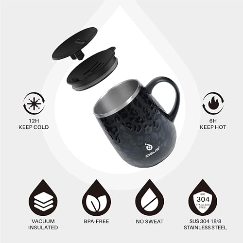Ideus 16 oz Insulated Coffee Mug with Handle and Lid, Double Wall Stainless Steel Vacuum Thermal Coffee Mug, Travel Coffee Cup Thermal Cup for Home and Office (Leopard Black, FUJI DAWN) - color: Leopard Black