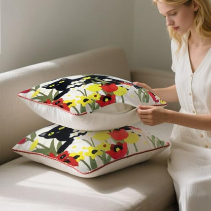 Embroidered Decorative Throw Pillow Covers 18"x 18" Set of 2 ，Couch Square Pillowcases with Zipper for Living Room Couch Sofa Bed Flower Cats Linen Cotton Halloween Throw Pillow Covers