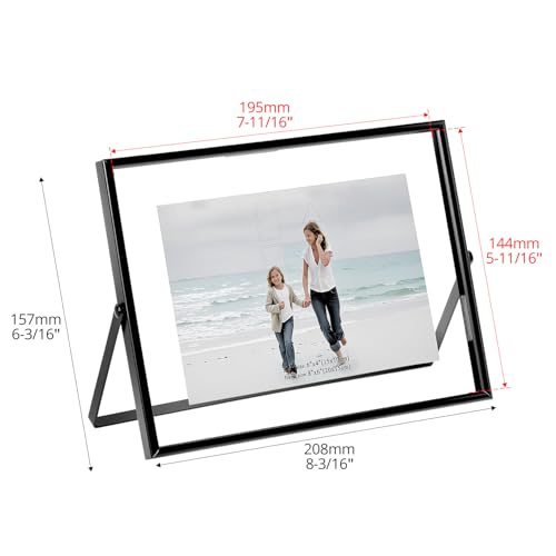 QWORK 6x8 Inch Black Floating Picture Frame Horizontal, Fits 5x7 4x6 3x5 Photos, Glass Double Panel Metal Frame for Tabletop Display
