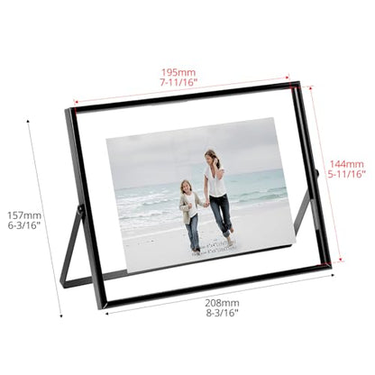 QWORK 6x8 Inch Black Floating Picture Frame Horizontal, Fits 5x7 4x6 3x5 Photos, Glass Double Panel Metal Frame for Tabletop Display