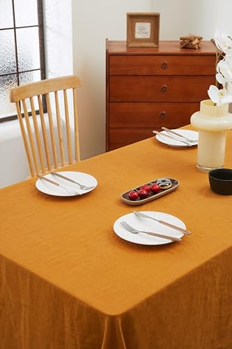 100% French Flax Linen Tablecloths Scalloped Embroidery Rectangle 84Lx60W Inch for Dinners, Parties, Spring, Easter, Machine Washable, 6-8 Sets, 60''x84'', Rust(Edges-Gold) - color: Rust(edges-gold), size: 84" x 60" (Rectangular)