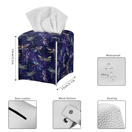 Dragonfly Leather Tissue Box Cover with Bottom Strap Foldable Tissues Cube Easy to Clean Case for Bathroom Living Room Office Desk Tabletop - color: Dragonfly