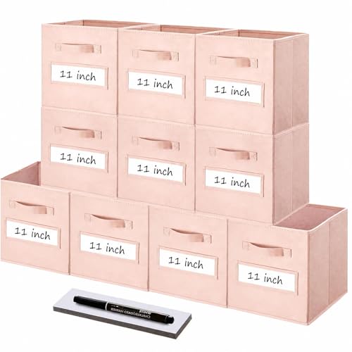 Storage Bins,11" Cube Storage Bin with Labels,10pcs,Pink | Fabric Storage Cubes for Shelves,11 Inch storage cube bins with 10 Labels Window Cards & a Pen. - color: Pink, size: 11"