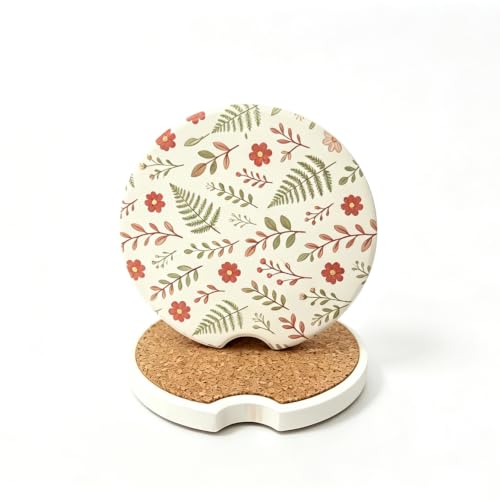 Car Coasters for Cup Holder Set of 2, 2.6 Inch Absorbent Ceramic Drink Cup Coasters for Car, Anti-Slip Cork Base Interior Accessories - Natural Flower Color