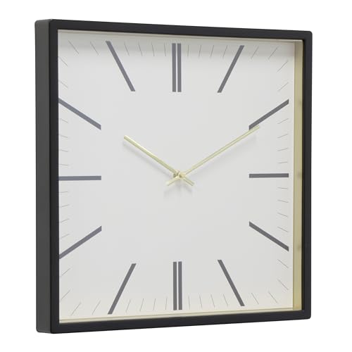 Forma Square Modern Wall Clock, 16" Minimalist Black Frame with Gold Trim, Quartz Movement, Glass Face, Contemporary Indoor Wall Décor