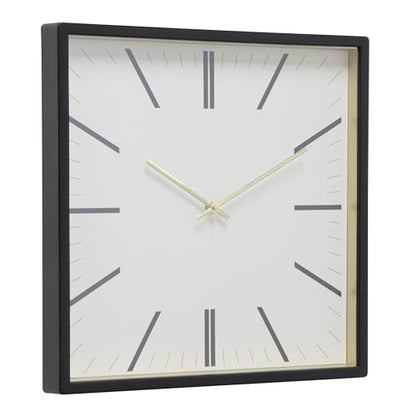 Forma Square Modern Wall Clock, 16" Minimalist Black Frame with Gold Trim, Quartz Movement, Glass Face, Contemporary Indoor Wall Décor