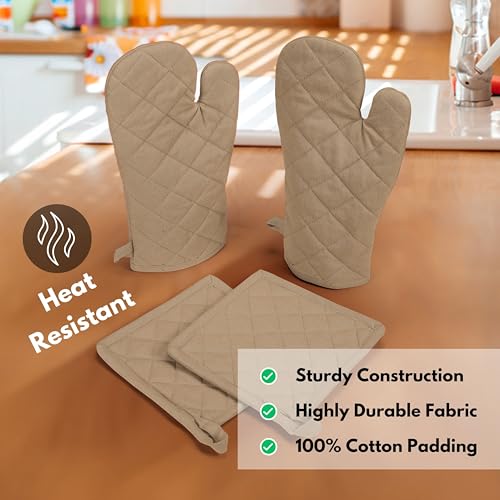 Native Fab Pot Holders and Oven Mitts Sets for Kitchen Heat Resistant- Hanging Non-Slip - 100% Cotton Oven Mitts and Pot Holders 4-Piece Set- Beige - color: Beige