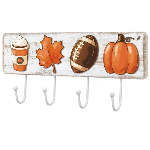 Wood Fall Coat Rack with 4 Hooks Vintage Pumpkin Coffee Maple Leaf Football Wall Mounted Coat Hooks Decor Autumn Theme for Home Entryway Playroom Hats Keys Towels - style: Autumn