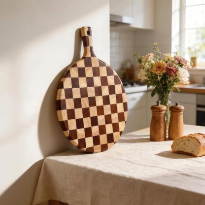 Checkered Pizza Cutting Board with Handle | 17" x 13" x 1" Thick | Acacia & Rubber Wood | Cheese & Charcuterie Serving Board | Bread, Meat & Pizza - color: Checkered Round