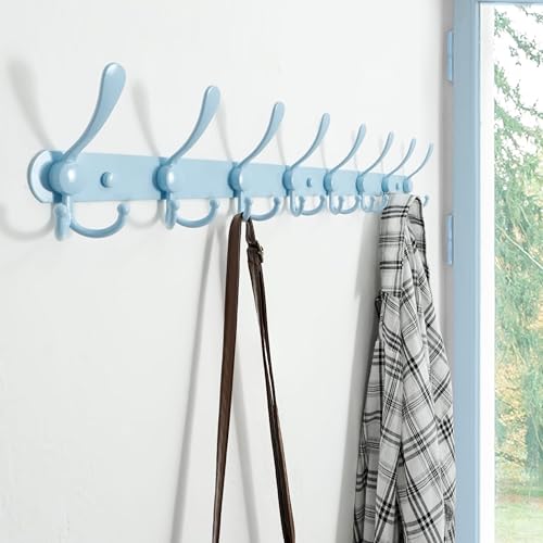 Coat Rack Wall Mount - 29.5” Long 8-Tri-Hooks Heavy Duty Coat Hanger Rail Wall Hooks for Hanging Coats Hats Clothing Clothes Purse Mudroom Entryway, Blue, Pack of 2 - color: Blue, size: L=29.5” (2 Pcs)