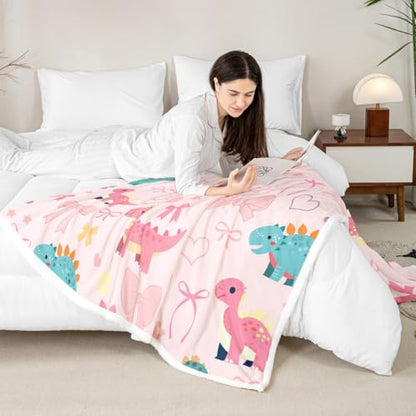 Cute Dino Kids Fleece Blanket,Kawaii Bowknot Heart Princess Style Throw Blanket for Adult,Pink Dinosaur Bow Tie Cartoon Animal Lightweight Polyester Sofa Sherpa Blanket, Queen (90 x 90 Inch) - color: 01 Pink Blue, size: Queen
