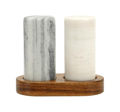 Elegant Marble Salt and Pepper Shaker Set with Acacia Wood Holder - Real Grey and White Marble Cylindrical Shakers for Kitchen Shelf, Table or Spice Rack - 1.75” x 3.75” Each
