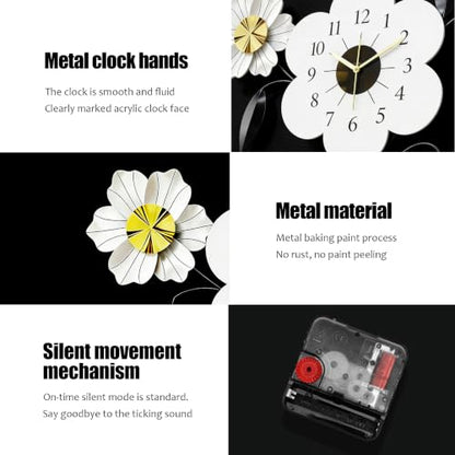 Large Flower Wall Clock, Modern Metal Wall Decor with Silent Quartz Movement, Artistic Floral Wall Art for Living Room Bedroom Office, Elegant Black White Gold Petal Design, 24" x 34.5"