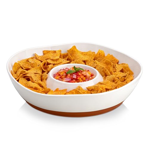MALACASA Ceramic Chips and Dip Serving Tray, 12 Inch Dip Serving Tray | Free-Form Divided Ceramic Chips and Dip Bowls for Parties, Hosting and Entertaining, White - color: White