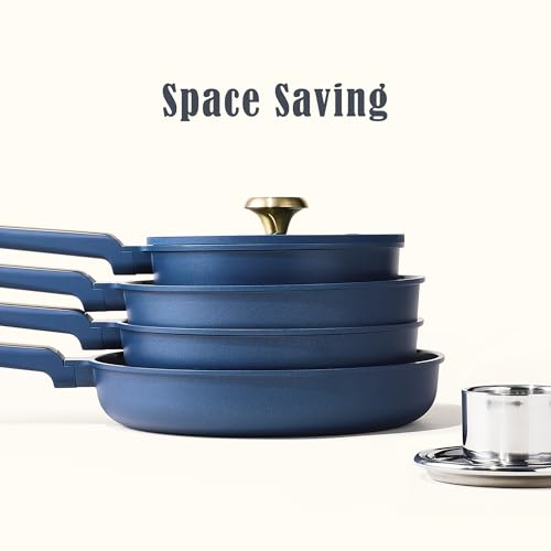 CAROTE Ceramic Cookwar Set, Pots and Pan Set Non Stick 18 Piece, Cookware Set Kitchen Cooking Set Non Toxic, PFAS PTFE Free, Blue