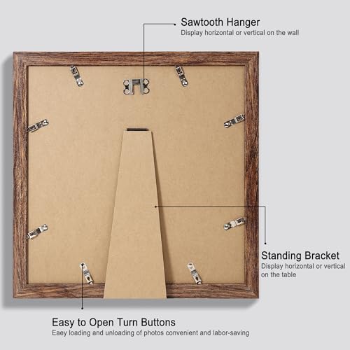 Hongkee 12x12 Picture Frame Set of 4 - Made of Glass and Rustic Brown Wooden Frame, Display Square Pictures 10x10 with Mat or 12 x 12 without Mat, Desktop & Wall Collage Photo Frame - color: Rustic Brown, size: 12x12 in