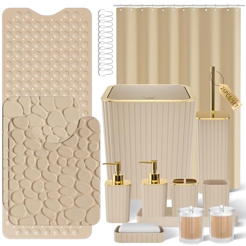 XLHOMO 26PC Bathroom Accessories Set - Gorgeous Beige Bathroom Set, Bathroom Accessory Set, Shower Curtain Set with Bathtub Mats for Shower Tub, Trash Can & Soap Dispenser - size: Bath Set+Bathtub Mat+Shower Curtain&Rugs, style: Beige&Gold