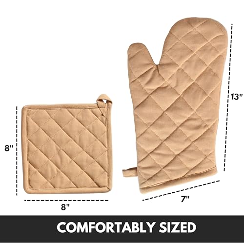 Oven Mitt (7"x13") & Pot Holder (8"x8") 100% Cotton Set of Heat Resistant Oven Gloves & Hot Pads for Gifts, BBQ, Cooking, Baking, Thanksgiving - Beige - color: Beige