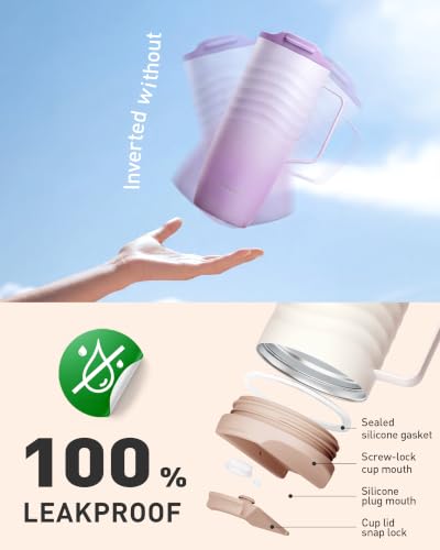 TOURIT 20oz Insulated Coffee Mug with Handle, Leak-Proof Travel Tumbler | 20oz · Side Handle · Ripple Grip · 6h Hot/12h Cold · Leak-Proof · Silicone Base · 304 Steel - color: Lilac, size: 20 Ounces