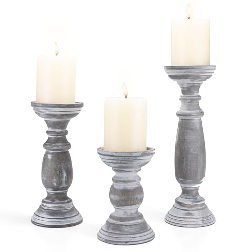 BANOMII Rustic Wooden Pillar Candle Holders Set of 3, 12'' 9'' 6'' Farmhouse Wood Candle Stand for Table Centerpieces, Vintage Tall Candleholders Fireplace Mantel Decor for Living Room, Grey - color: Rustic Grey