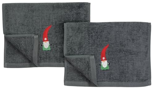 Christmas Guest Hand Towels: Grey Plush Terry Cotton Embroidered Spritly Gnome - color: Nordic Gnome