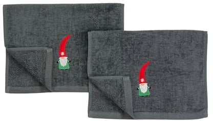 Christmas Guest Hand Towels: Grey Plush Terry Cotton Embroidered Spritly Gnome - color: Nordic Gnome